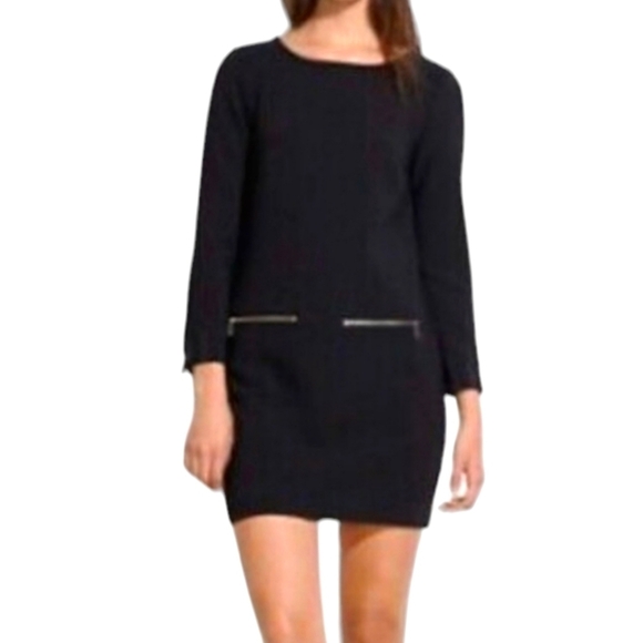MADEWELL Sheath Black Dress Zipper Front Pockets Women XS Round Neck 3/4 Sleeves - Picture 1 of 15